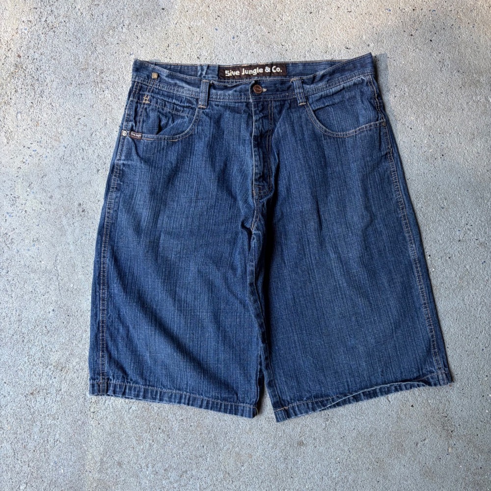 5ive Jungle & Co Mens 36 Baggy Denim Shorts Y2K Embroidered Paisley Jorts Blue